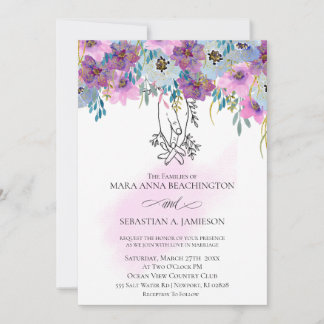 *~* Holding Hands Pink Flowers White Wedding Invitation