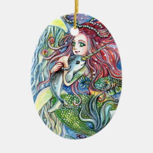 Holding Narwhal Baby - Mermaid Art Ceramic Ornament