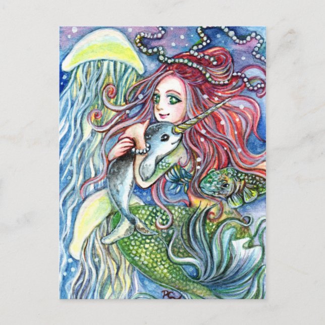 Holding Narwhal Baby - Mermaid Art Postcard (Front)