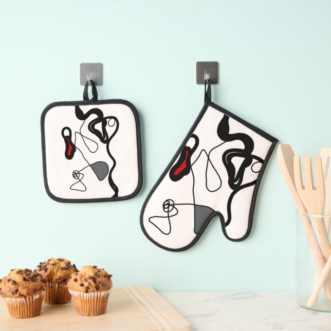 Holding Pattern: Abstract Black, White, Grey & Red Oven Mitt & Pot Holder Set (Insitu(Hanging))