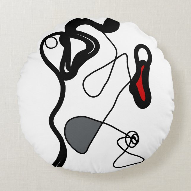 Holding Pattern: Abstract Black, White, Grey & Red Round Cushion (Front)