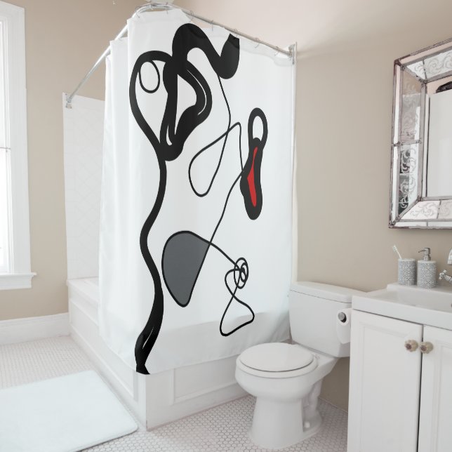 Holding Pattern: Abstract Black, White, Grey & Red Shower Curtain (In Situ)
