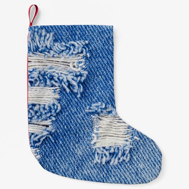 Hole, denim jeans, ripped texture small christmas stocking (Front)