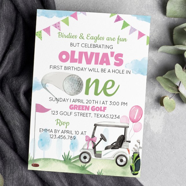 Hole In Golf Pink Girl 1st Birthday Invitation (Creator Uploaded)