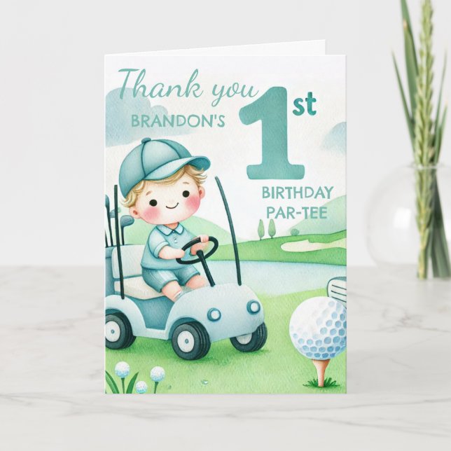 Hole in One 1st Birthday Boy Golf Par-tee Thank You Card (Front)