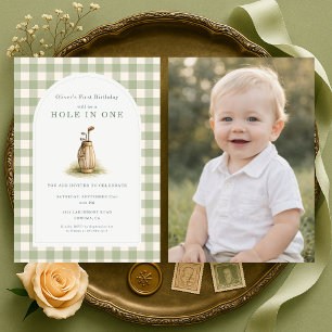 Hole in One 1st Year Gingham Photo Birthday Invitation