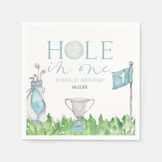Hole In One Blue Golf 1st Birthday Party Napkin (Front)