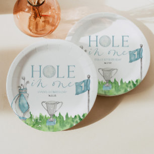 Hole In One Blue Golf 1st Birthday Party Paper Plate