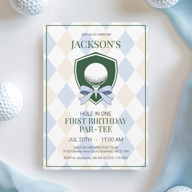 Hole in One Blue Golf Boys 1st Birthday Party Invitation (Hole in One Blue Golf Boy First Birthday Party Invitation)