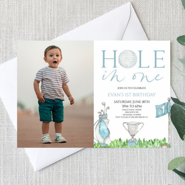 Hole In One Blue Golf Picture 1st Birthday Party Invitation (Creator Uploaded)