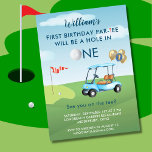 Hole In One Boy Golf Cart Par-tee 1st Birthday  Invitation<br><div class="desc">You will so enjoy sending out this charming and unique invitation  - with that wonderful golf cart and gold and blue balloons-- completed with his  script name.  Any design questions just send a chat or an email to charmdesignstudio@rcn.com and we'll be delighted to assist.</div>