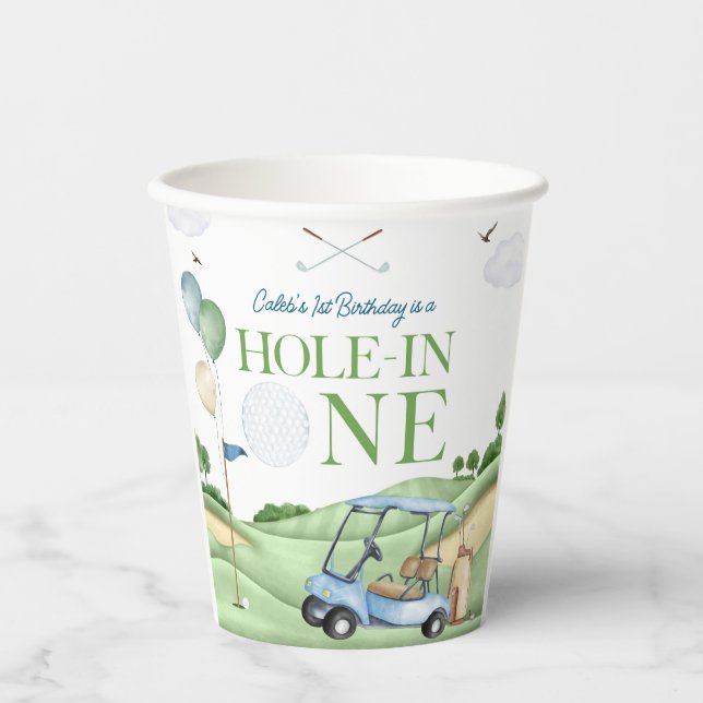 Hole In One Boy Golf First Birthday Par-Tee Paper Cups (Front)