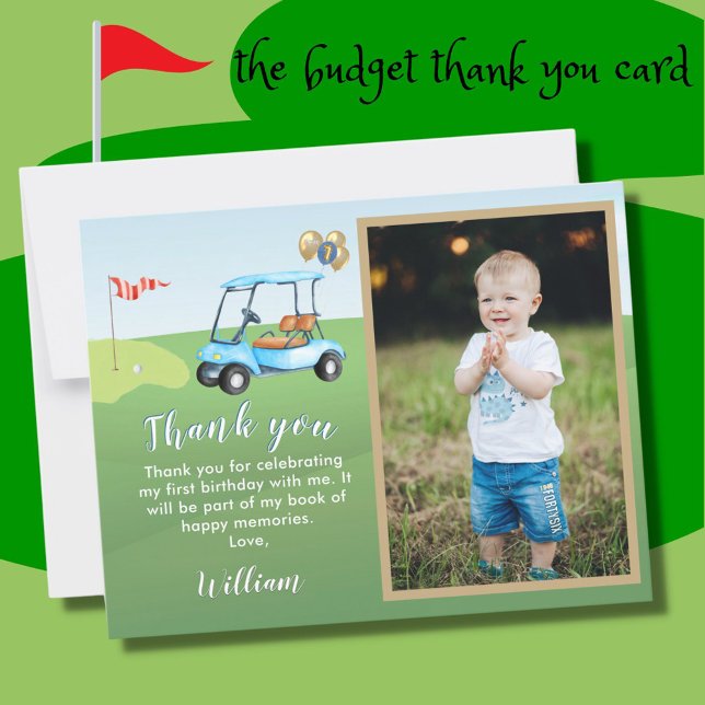 Hole In One BUDGET Photo Boy Golf 1st Birthday Thank You Card (Creator Uploaded)