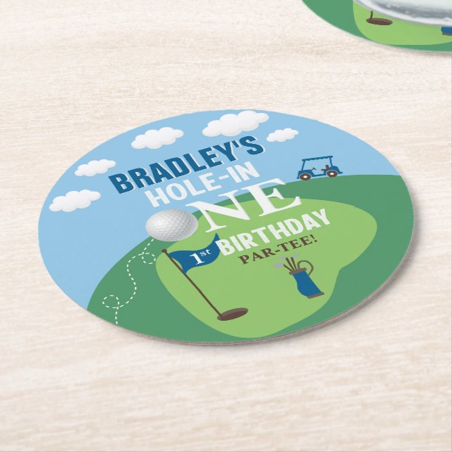 Hole In One Golf 1st Birthday Party Round Paper Coaster (Angled)