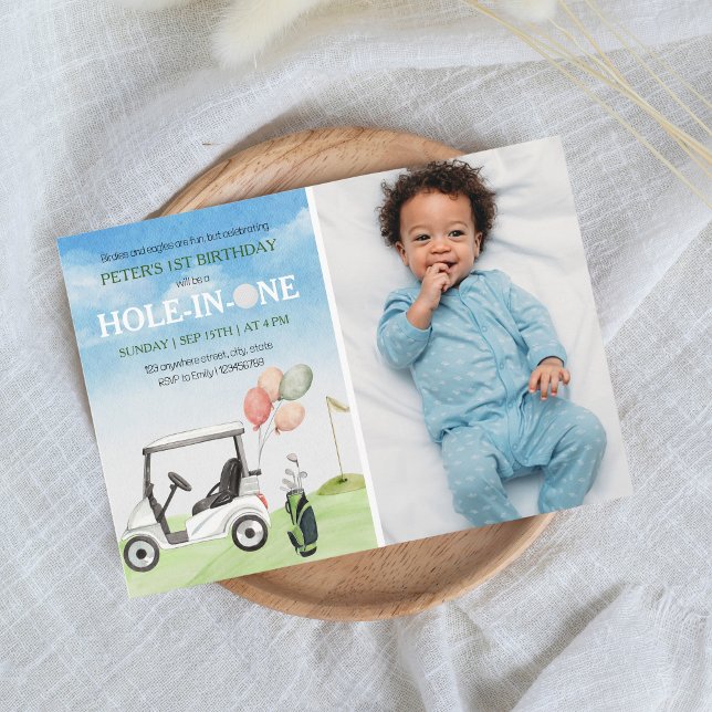 Hole in ONE Golf 1st Birthday Photo Invitation (Hole in ONE first birthday invitation)