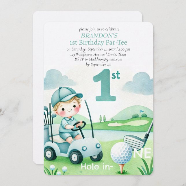 Hole in One Golf Boy 1st Birthday Par-Tee Invitation (Front/Back)