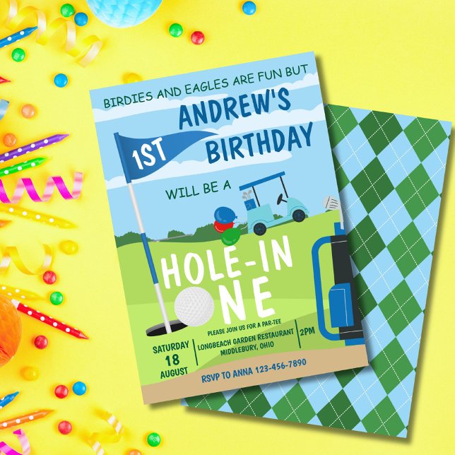 Hole In One Golf Boy  1st Birthday Par-Tee  Invitation (Cute golf theme invite for baby girl's 1st birthday – perfect for a hole in one party!)