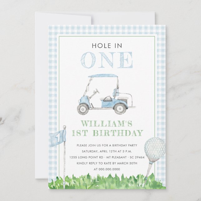 Hole In One Golf Boy Birthday Blue Gingham  Invitation (Front)