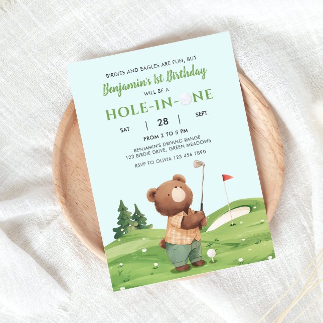 Hole In One Golf Boy Blue First Birthday Par-Tee  Invitation (Creator Uploaded)