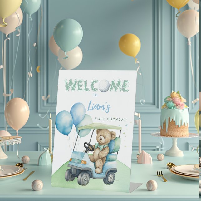 Hole In One Golf Boy First Birthday Par-Tee Bear Pedestal Sign (Creator Uploaded)