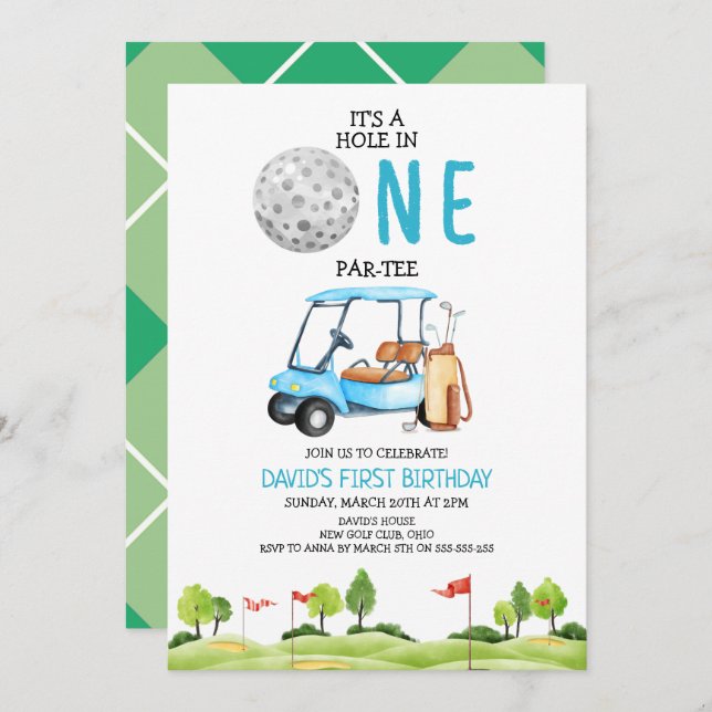 Hole In One Golf Boy First Birthday Party Invitation (Front/Back)