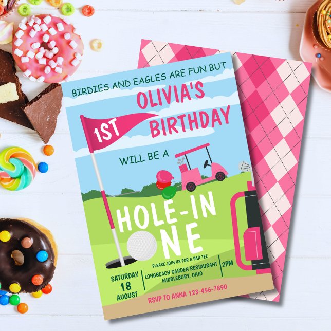 Hole In One Golf Girl  1st Birthday Par-Tee  Invitation (Cute golf theme invite for baby boy's 1st birthday – perfect for a hole in one party!)