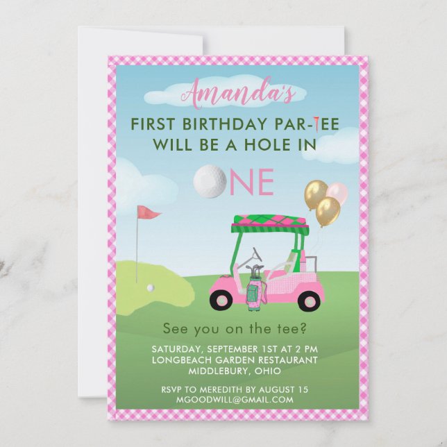 Hole in One Golf Pink Girl First Birthday Invitation (Front)