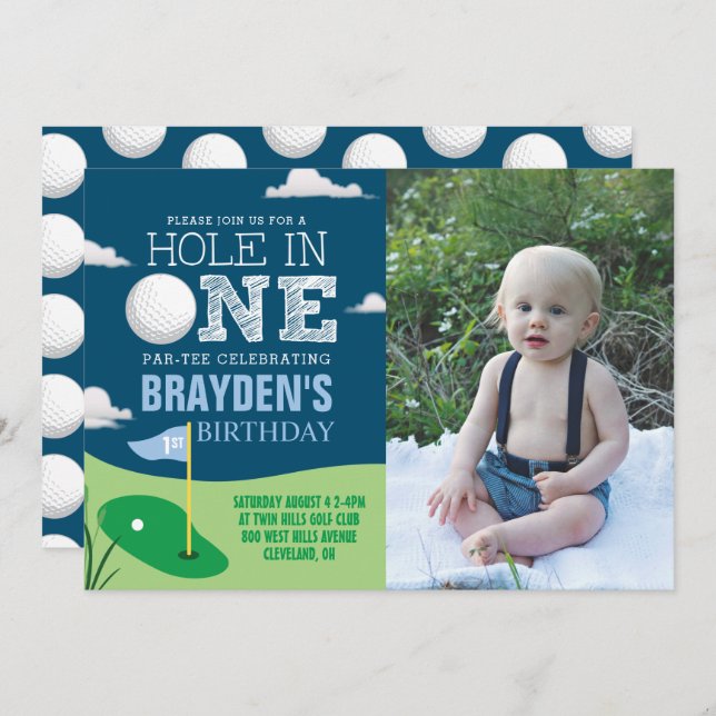 Hole in One Navy Golf Theme Boys First Birthday Invitation (Front/Back)