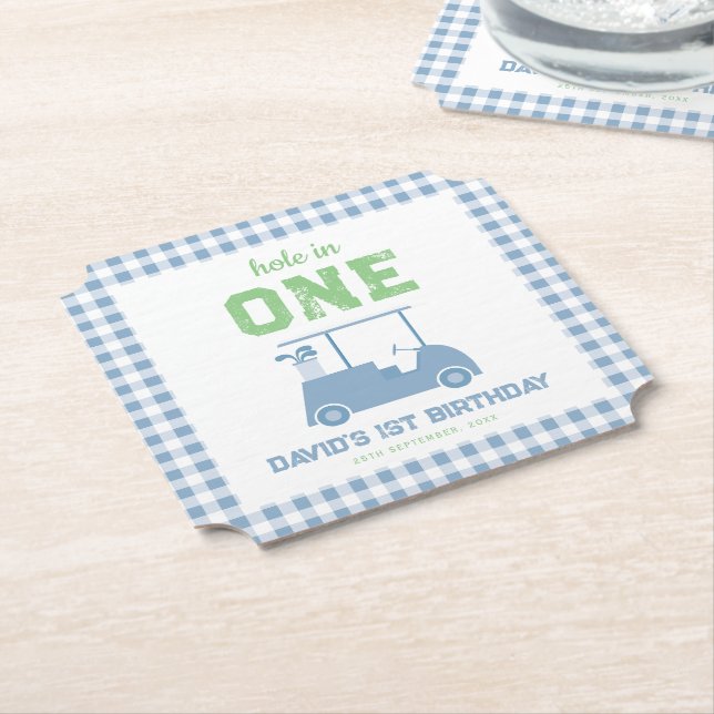 Hole in One Par Tee Boy 1st Birthday Paper Coaster (Angled)