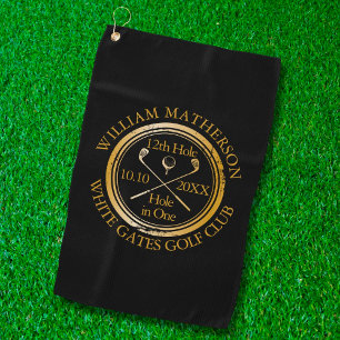 Hole in One Personalised Black And Gold Golf Towel
