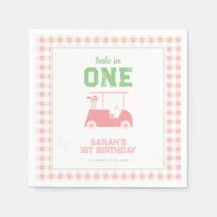 Hole in One Pink Check Girl First Birthday Napkin