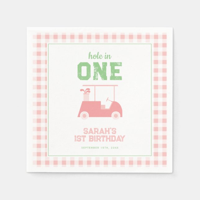 Hole in One Pink Check Girl First Birthday Napkin (Front)