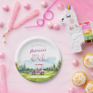 Hole In One Pink Golf 1st Birthday Paper Plate
