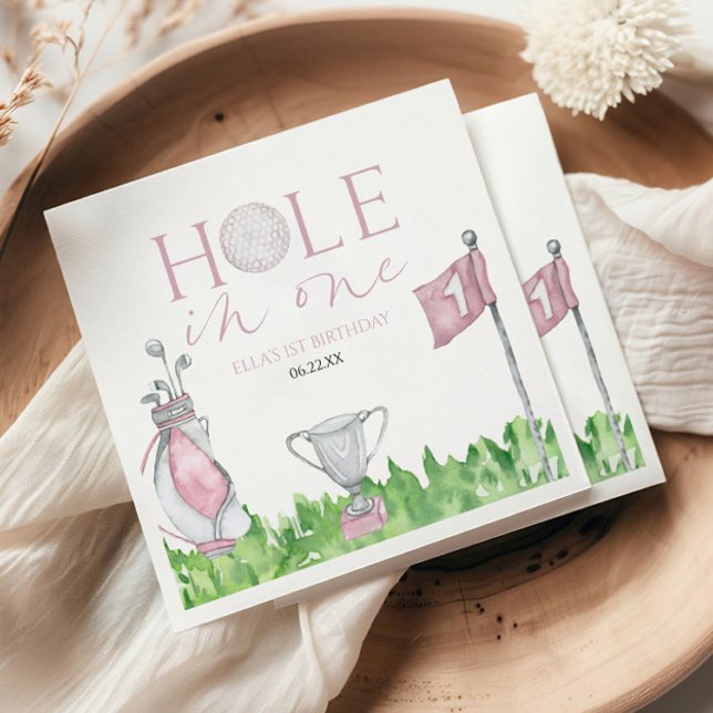 Hole In One Pink Golf 1st Birthday Party Napkin (Creator Uploaded)