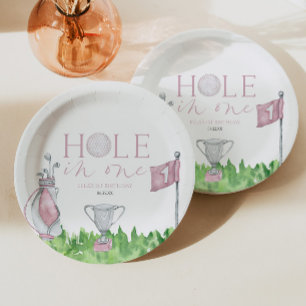 Hole In One Pink Golf 1st Birthday Party Paper Plate