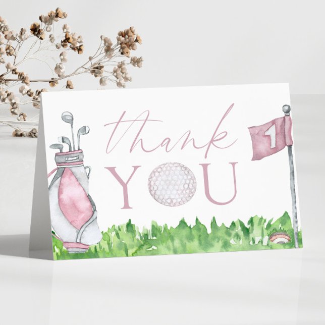 Hole In One Pink Golf 1st Birthday Party Thank You Card (Creator Uploaded)