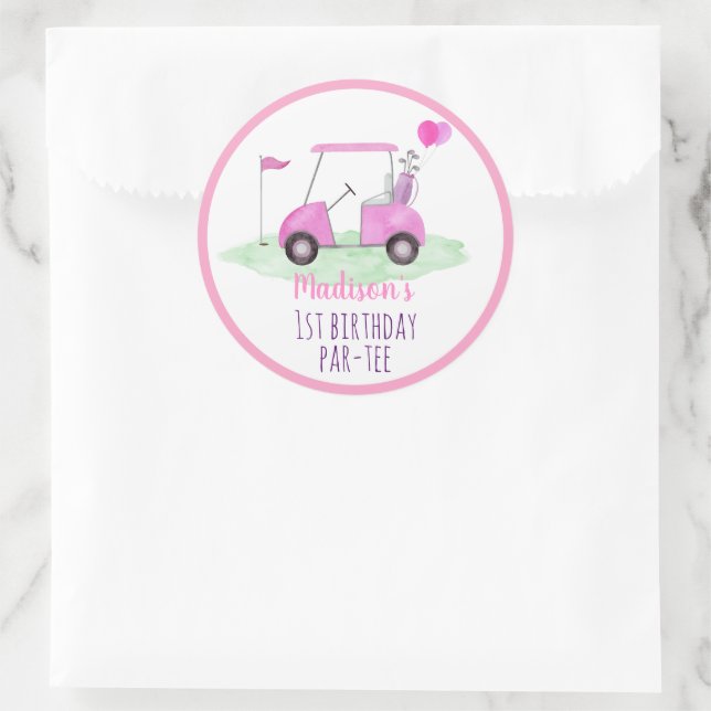 Hole In One Pink Golf First Birthday Classic Round Sticker (Bag)