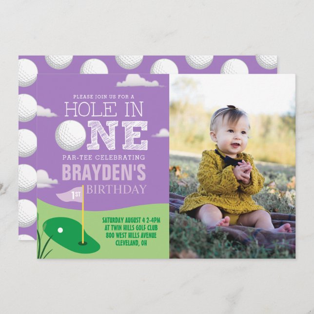 Hole in One Purple Golf Theme Girls First Birthday Invitation (Front/Back)