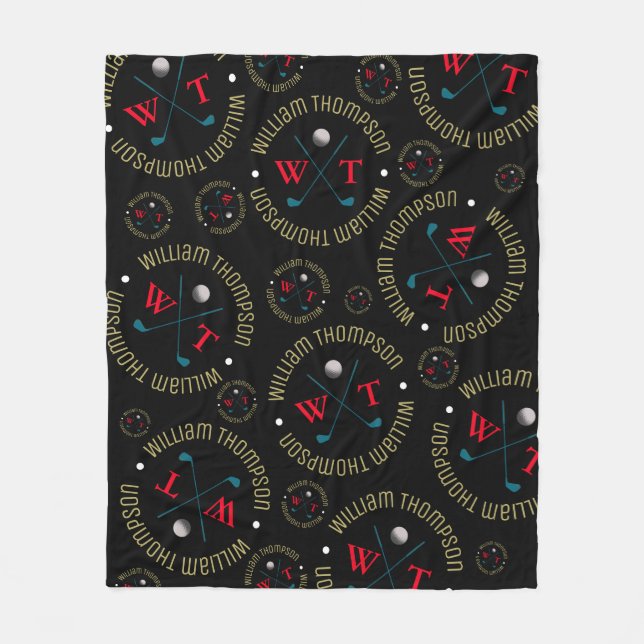 Hole in One Sports Golf Clubs Pattern Black Fleece Blanket (Front)