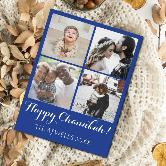Holiday 4 Photos Happy Chanukah Family Blue (This blue and white photo postcard is an easy way to stay in touch with family.)