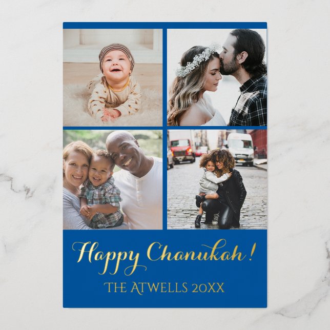 Holiday 4 Photos Happy Chanukah Pattern Blue Foil (Front)