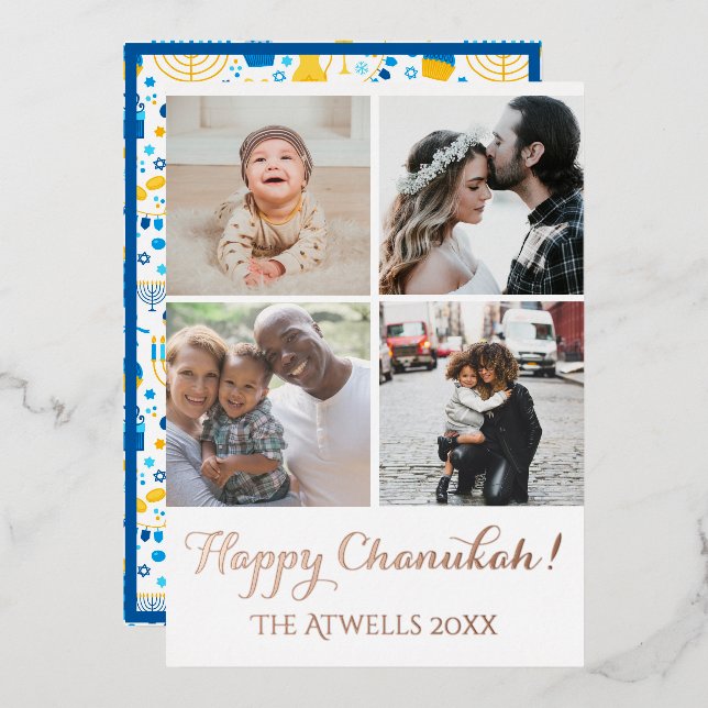 Holiday 4 Photos Happy Chanukah Pattern White Foil (Front/Back)