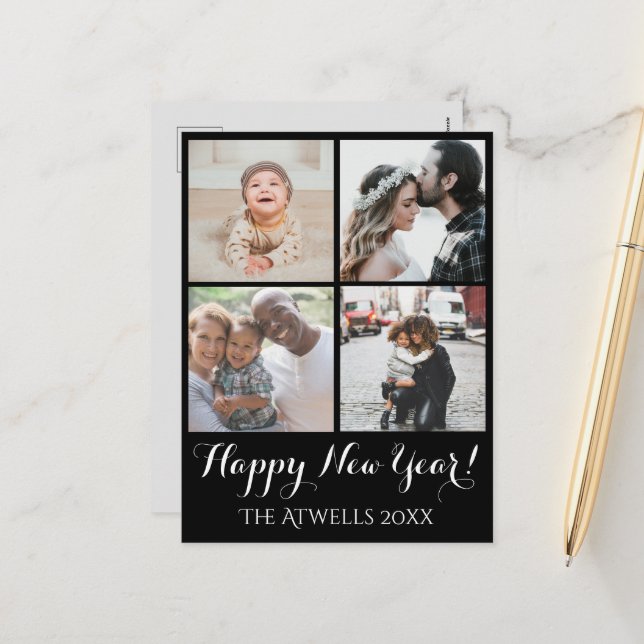 Holiday 4 Photos Happy New Year Family Black (Front/Back In Situ)