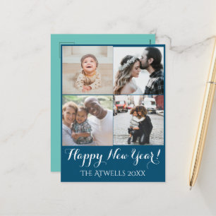 Holiday 4 Photos Happy New Year Family Blue Postcard