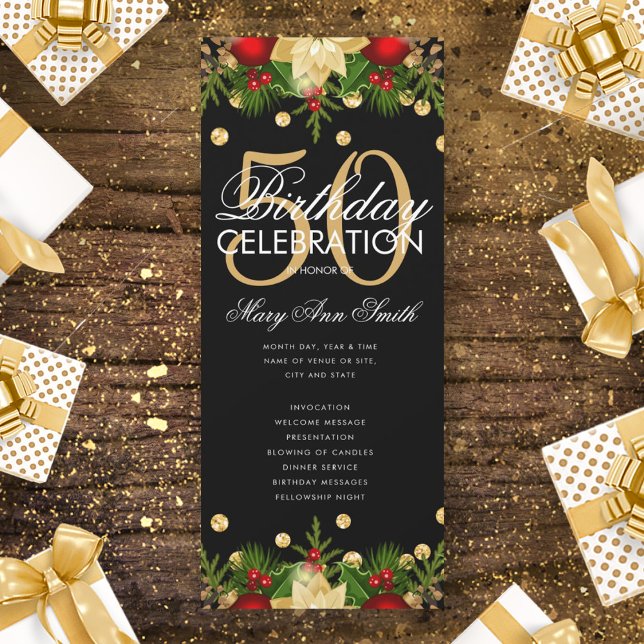 Holiday 50th Birthday Party Program Gold w/ Menu (Creator Uploaded)