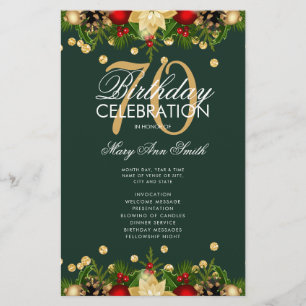 Holiday 70 Birthday Party Program Gold Green Menu