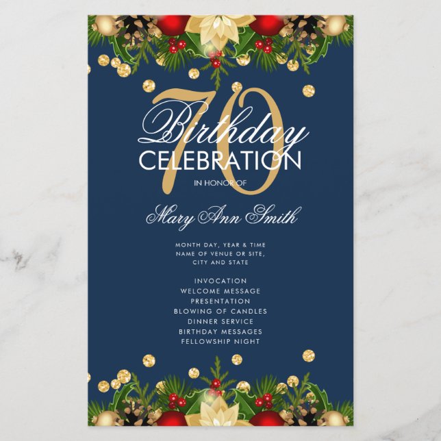 Holiday 70th Birthday Party Program Gold Navy Menu (Front)