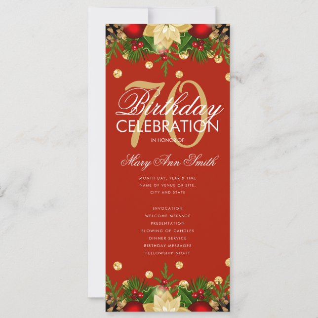 Holiday 70th Birthday Party Program Gold Red Menu (Front)