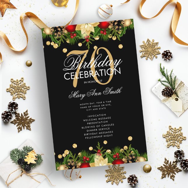 Holiday 70th Birthday Party Program Gold w/ Menu (Creator Uploaded)