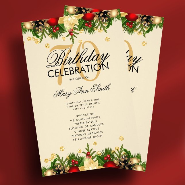 Holiday 70th Birthday Party Program Gold w/ Menu (Holiday 70th Birthday Party Program Gold w/ Menu Flyer)